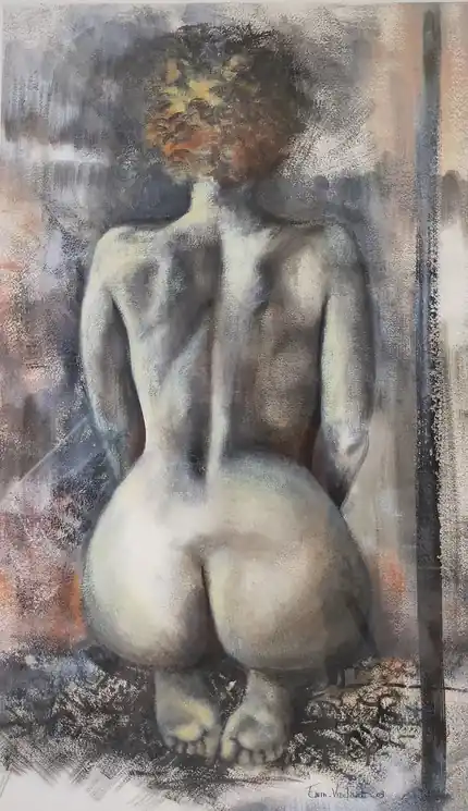 ▷ "Assignée à résidence" figuratif nu acrylique sur toile de lin 30x90cm 2010 by Emmanuelle Vroelant, 2010 | Acrylic Painting Same Day Shipping
