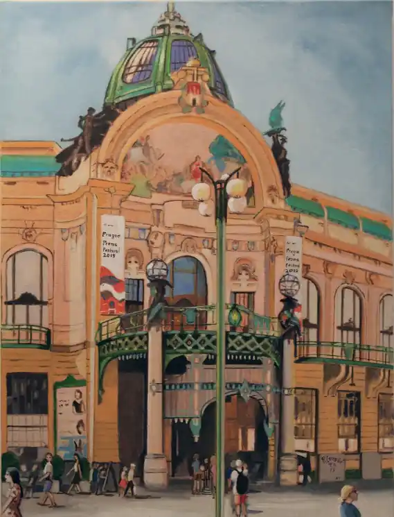 Worldwide Shipping ▷ N° 1098 Prague3. La maison municipale a. by R. Cavalié, 2019 | Oil Painting for Sale