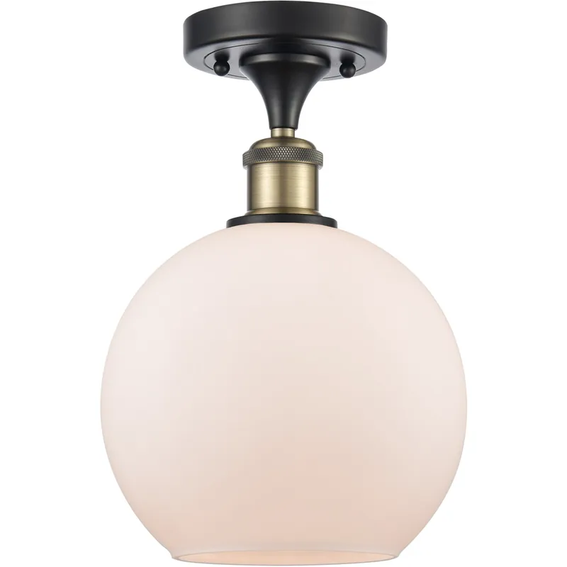 Worldwide Shipping Ballston Athens LED 8 inch Black Antique Brass Semi-Flush Mount Ceiling Light in Matte White Glass, Ballston