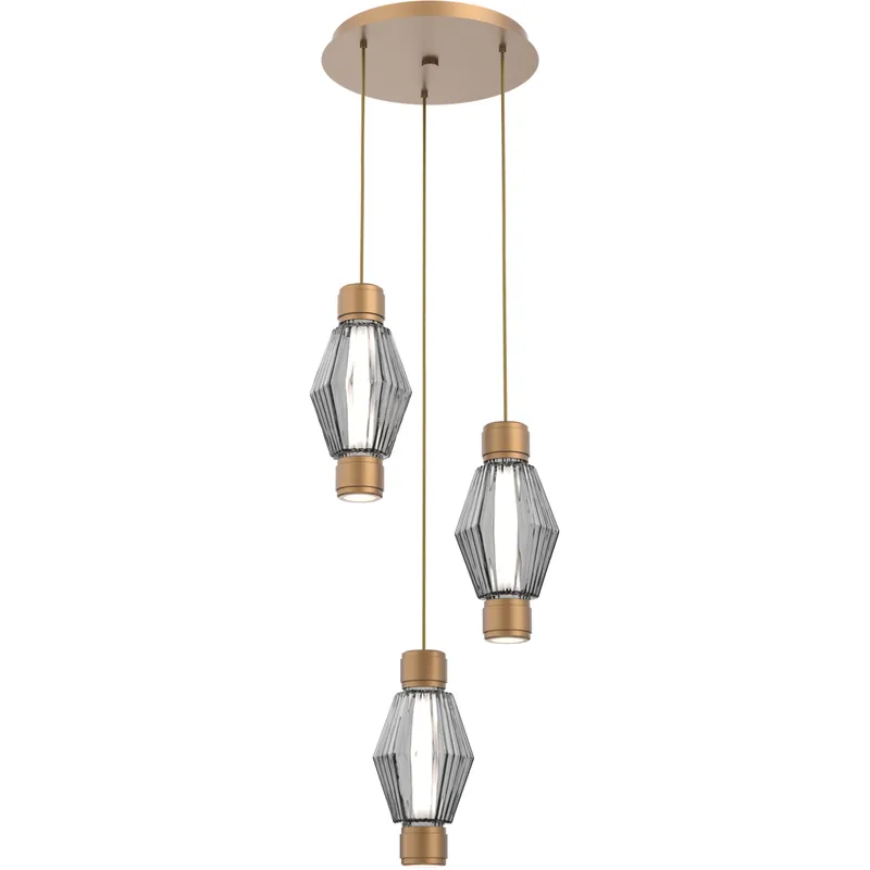 Original Aalto Mandrel LED Novel Brass Multi Pendant Chandelier Ceiling Light in 3000K LED, Optic Rib Smoke